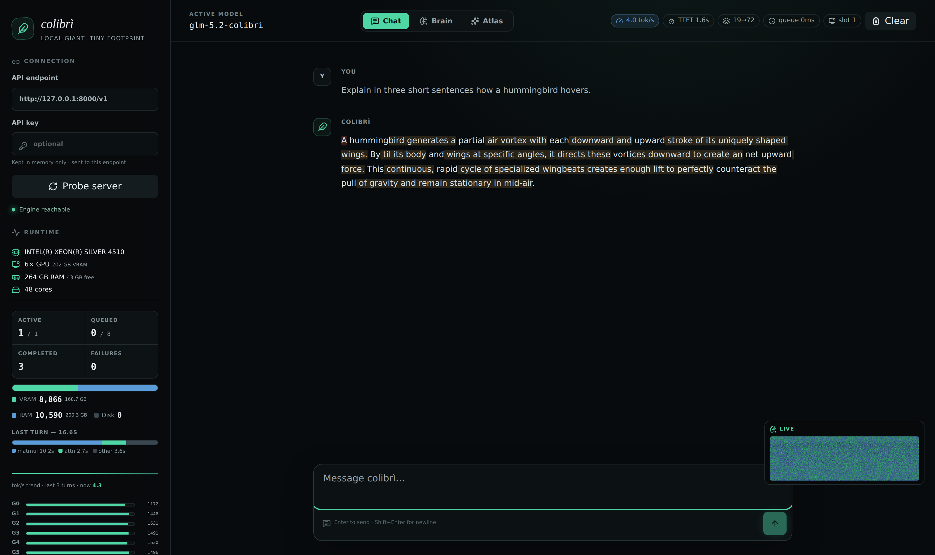 colibrì web dashboard — live metrics, hardware panel, expert tiers