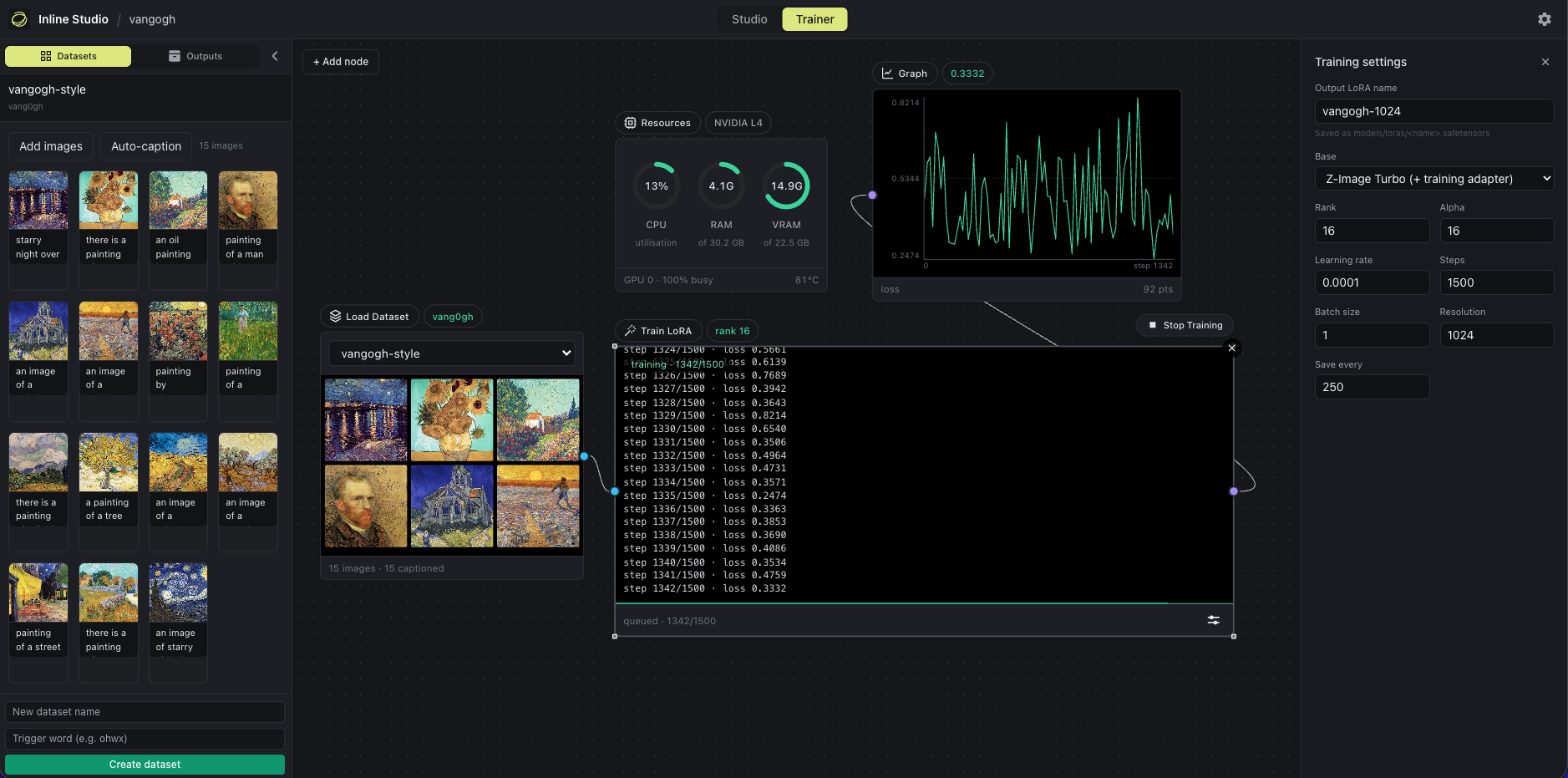 Inline Studio Trainer tab showing the LoRA training node graph with a dataset, live logs, and a loss curve