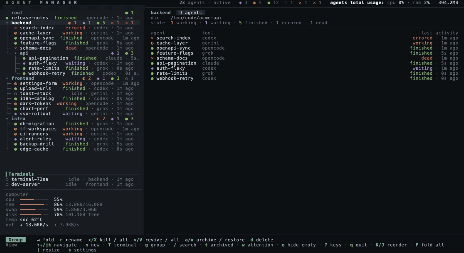 five prompts to five fresh agents without moving the cursor, one per CLI, then the blocked one answered and its diff opened
