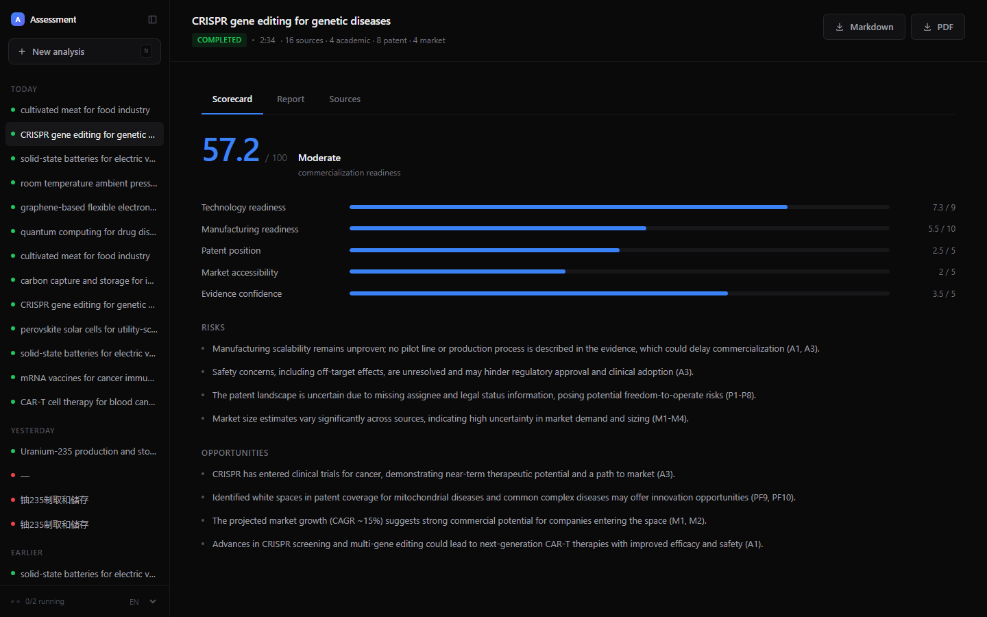 Scorecard, report and sources as tabs, citation IDs traceable to the source list