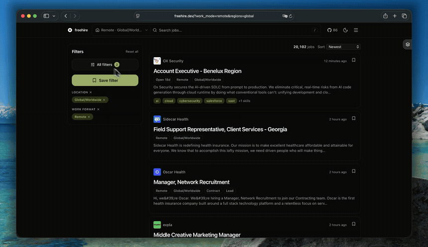 freehire — faceted search narrowing 3.3M+ live postings by region, work format, specialization and seniority, each linking straight to the company's own careers page