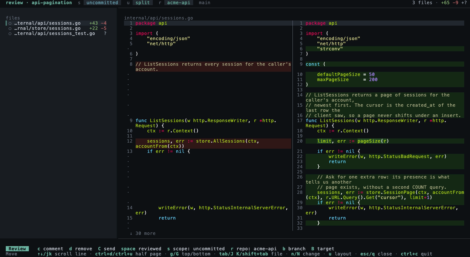 review, side by side, with the changed lines tinted in full file context