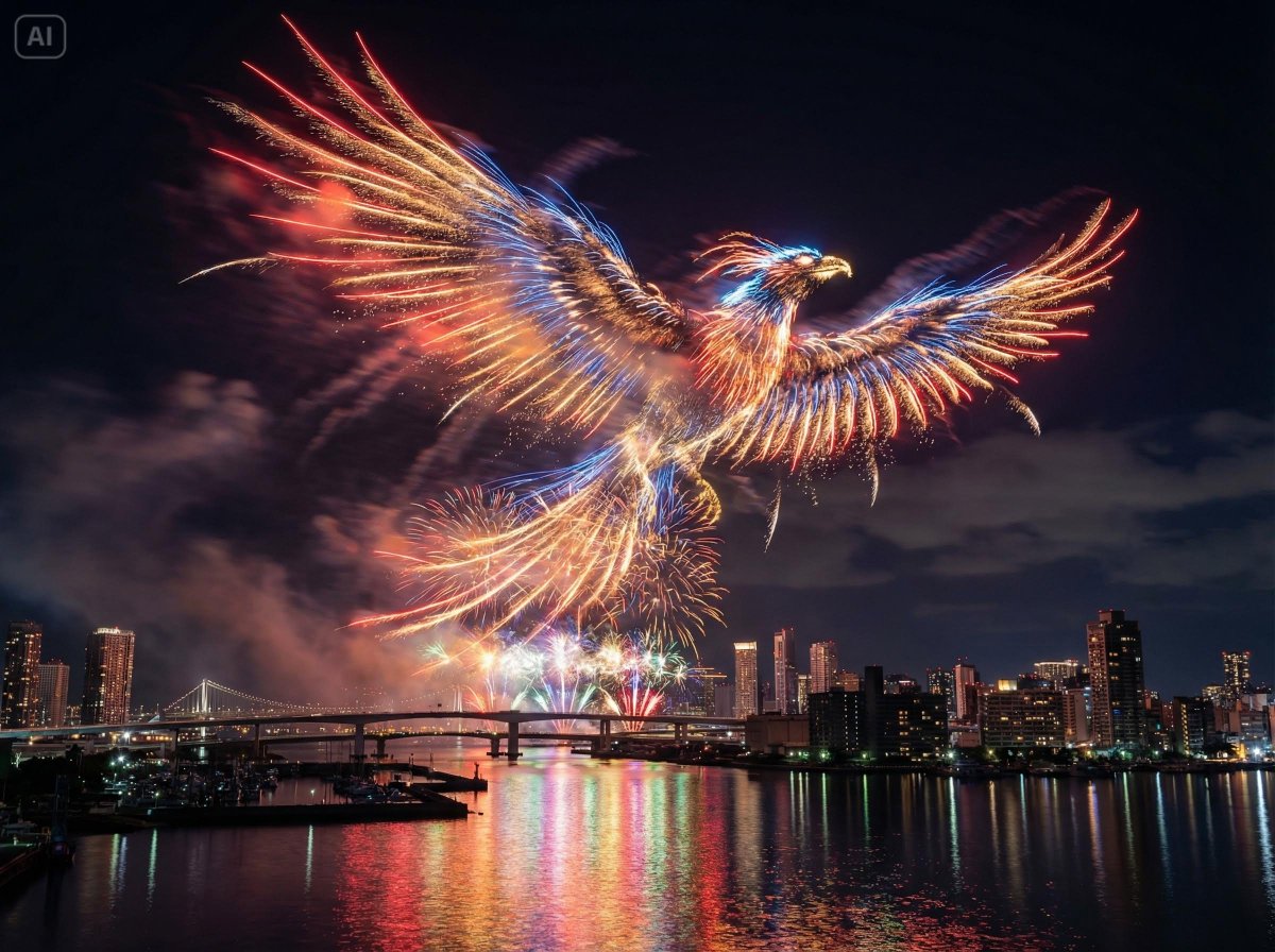 夜空中的水上城市烟花