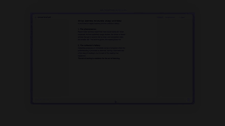 Hero demo, recorded from the live app: selecting a passage in the PDF reader and asking about it; deleting a noise edge and regenerating a clean answer; zooming out through three semantic tiers to the map; opening the backup control center and exporting a real file