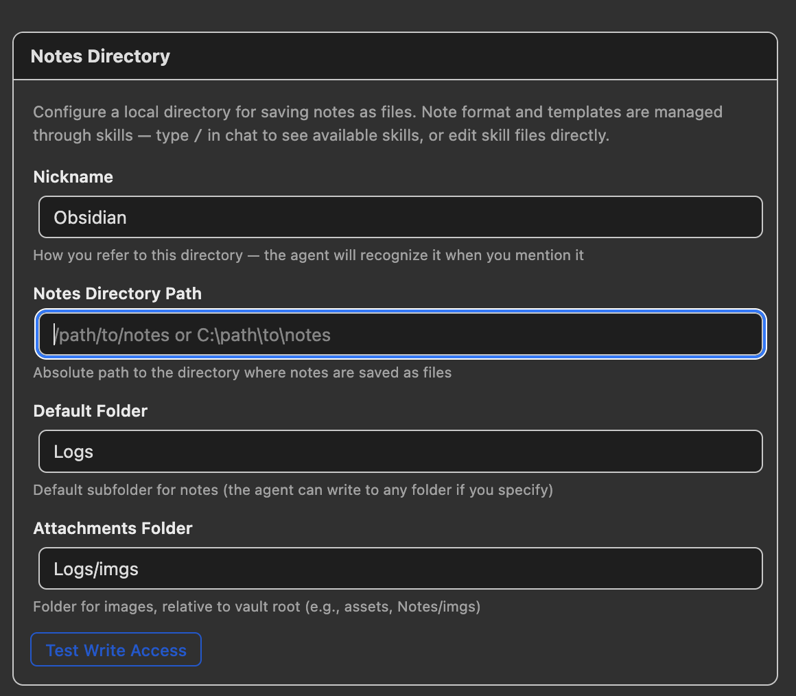 Screenshot of the Notes Directory settings panel