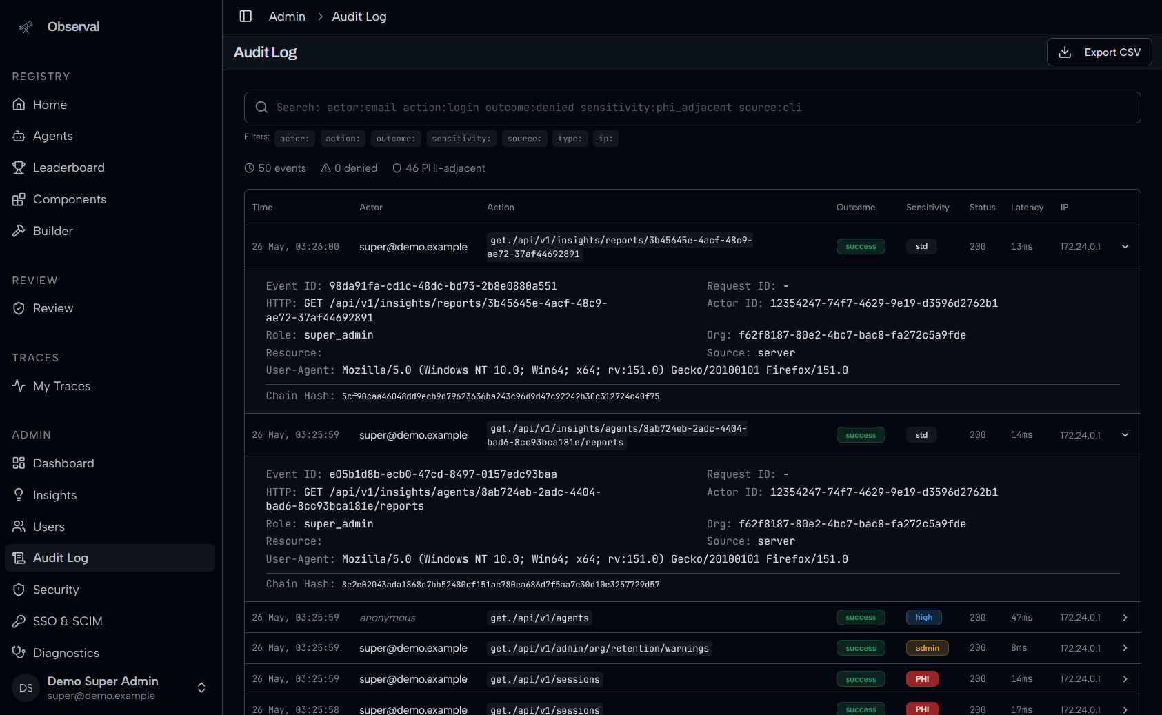 Audit log with PHI sensitivity badges and chain hashes