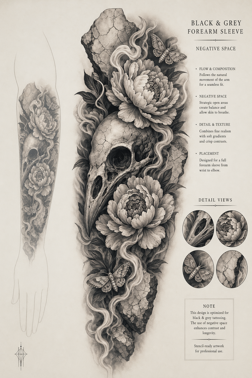 Realistic black-and-grey tattoo sleeve study