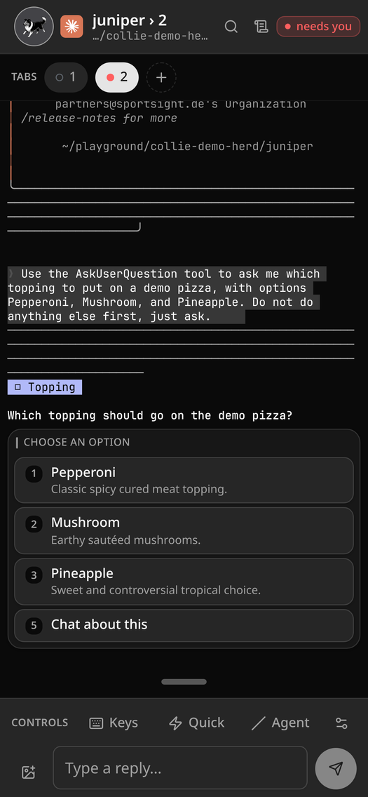 A Claude AskUserQuestion prompt up-leveled into tappable buttons