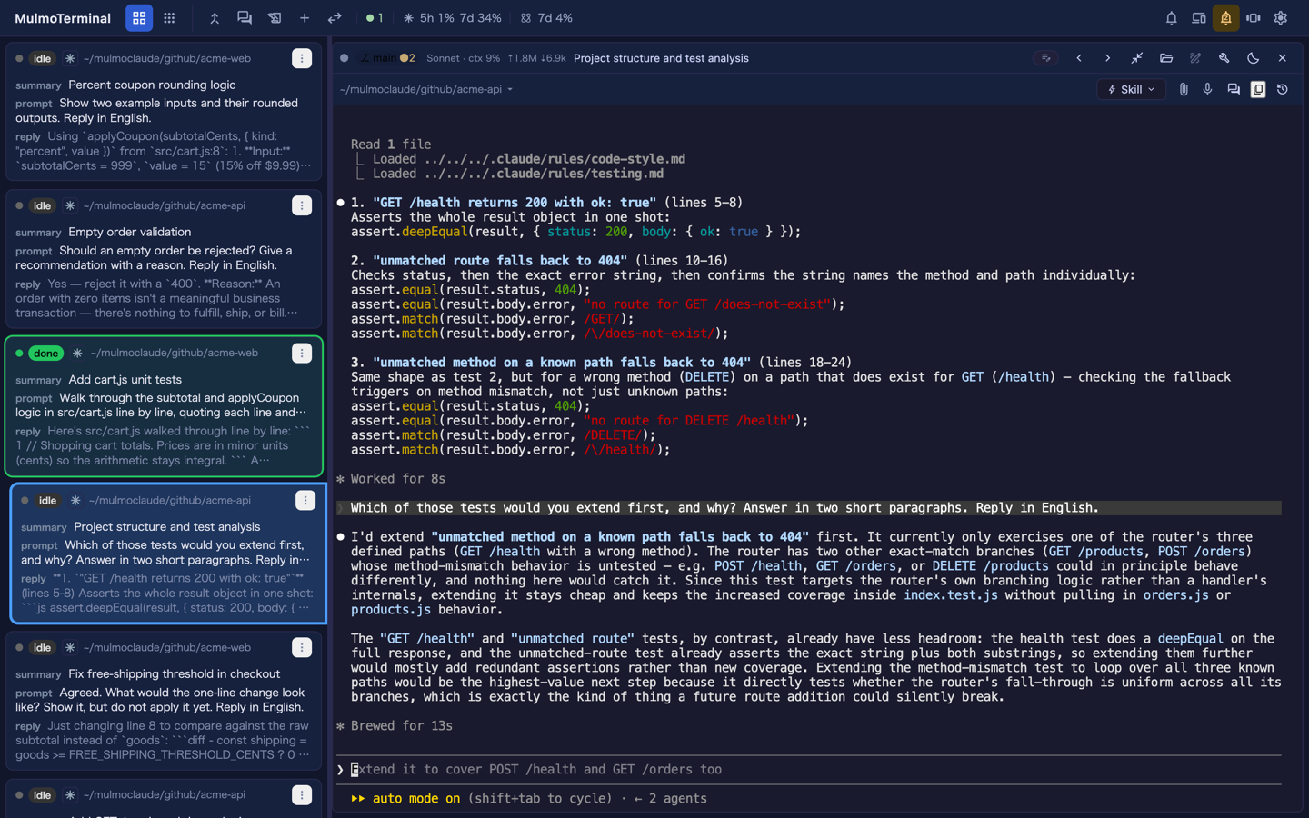 The cockpit roster — a one-row-per-session summary list beside the enlarged terminal