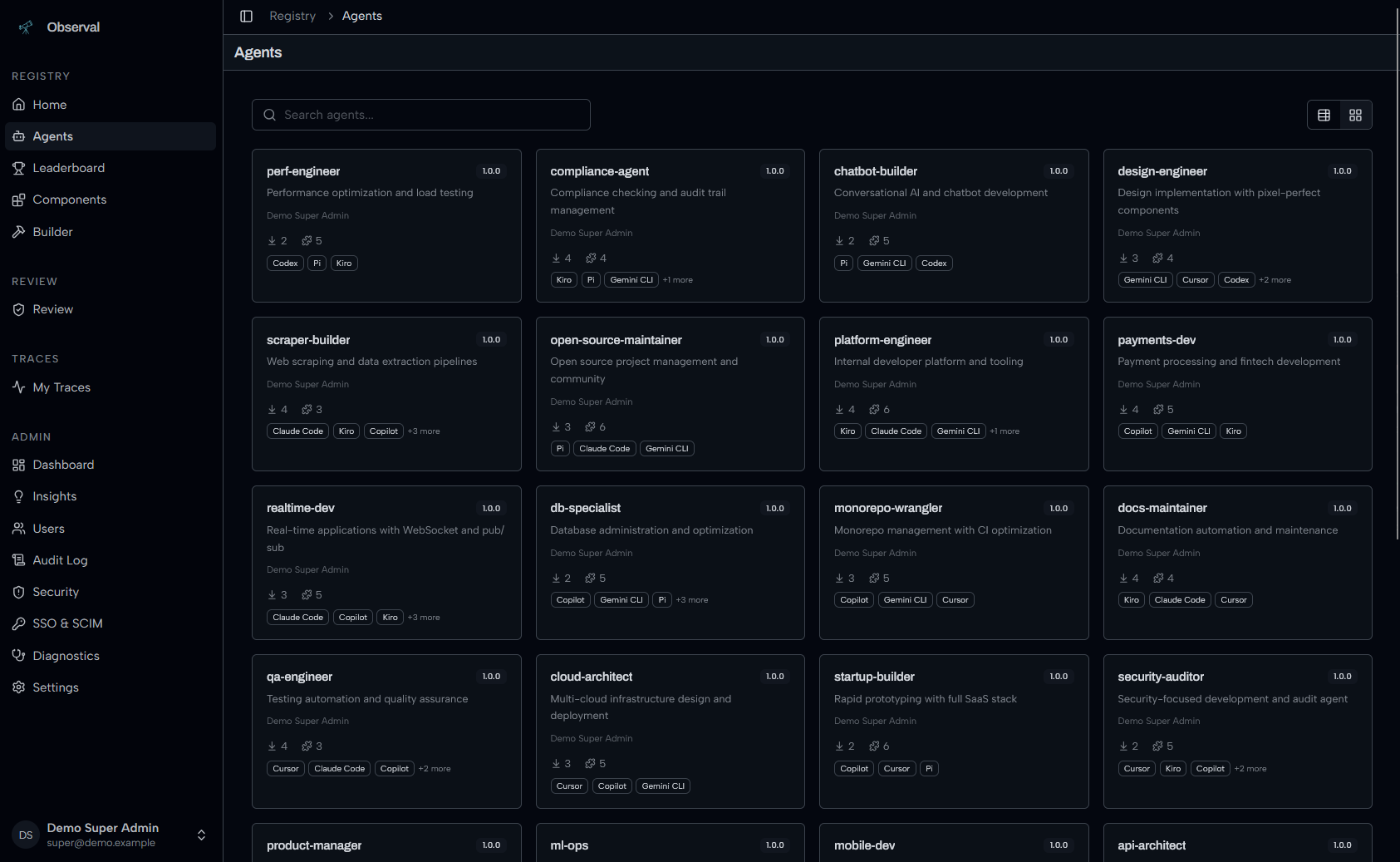 Agent registry with grid view