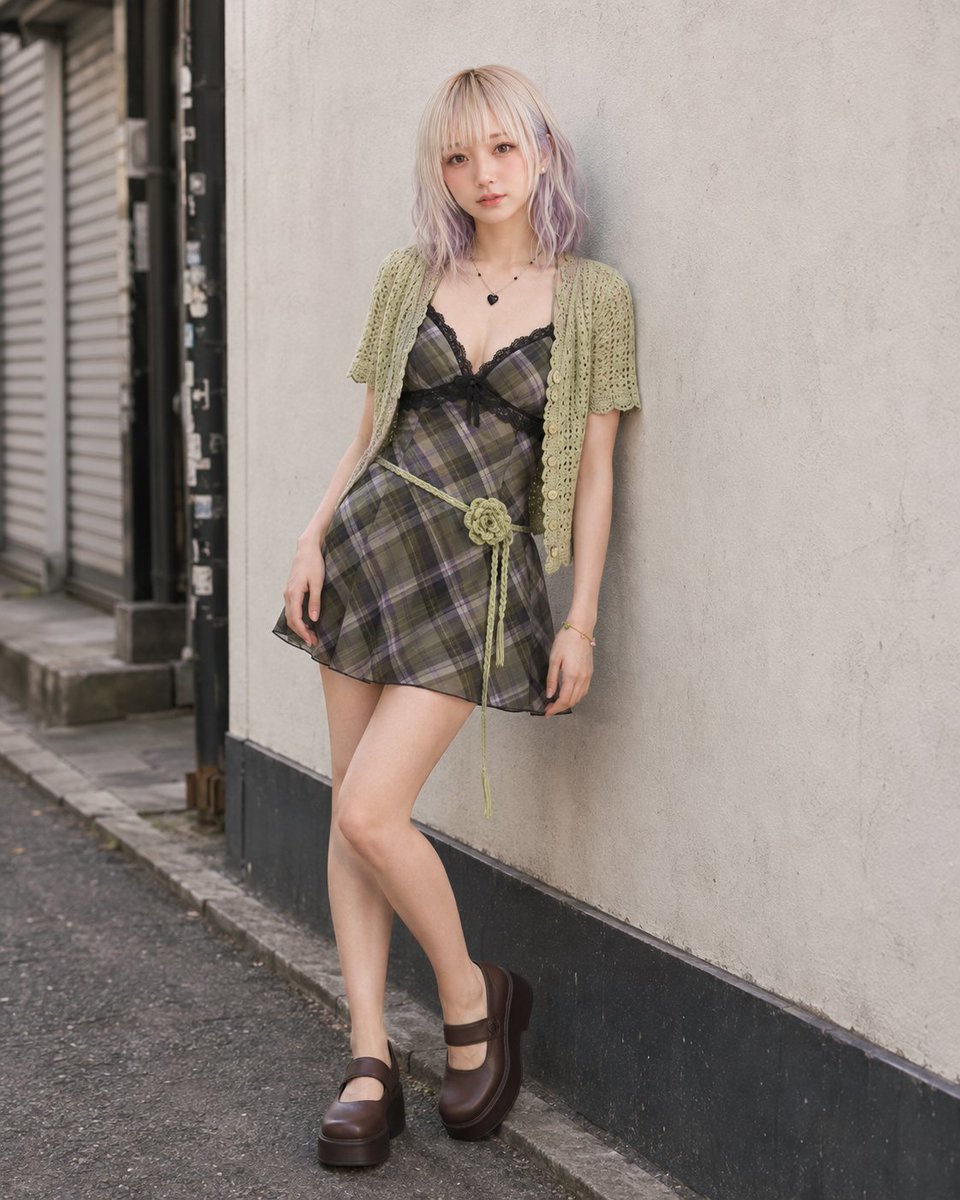 E-commerce Main Image - Pistachio Crochet Cardigan and Plaid Mini Dress - Image 1