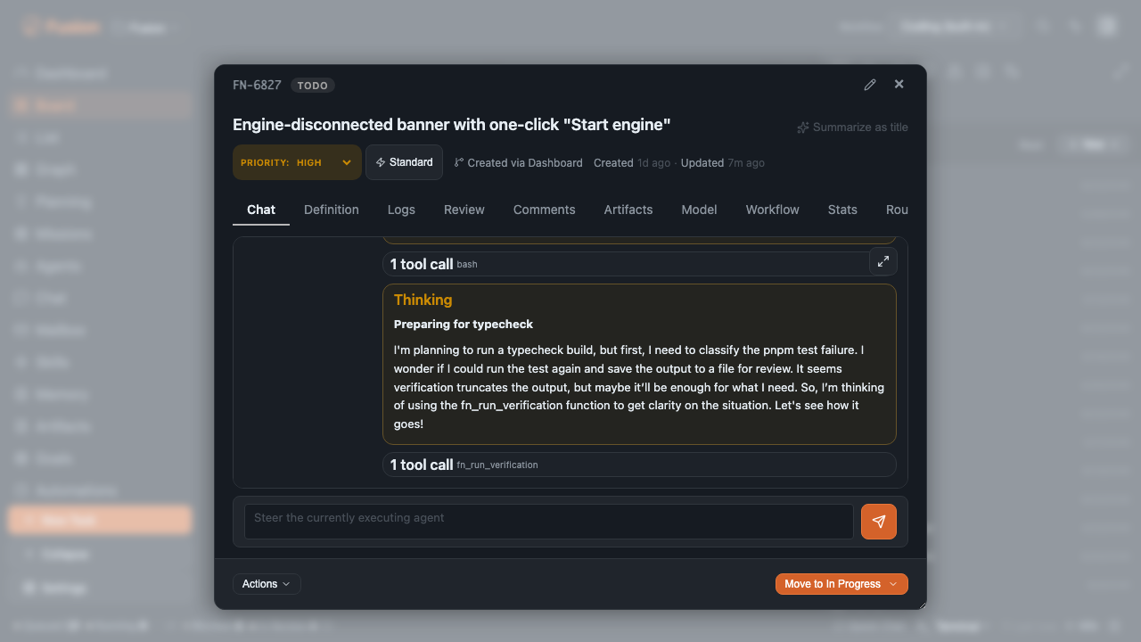 Fusion task detail: workflow steps visible on an in-progress task with diffs and file changes