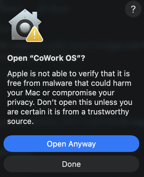 macOS confirmation dialog asking whether to open CoWork OS anyway