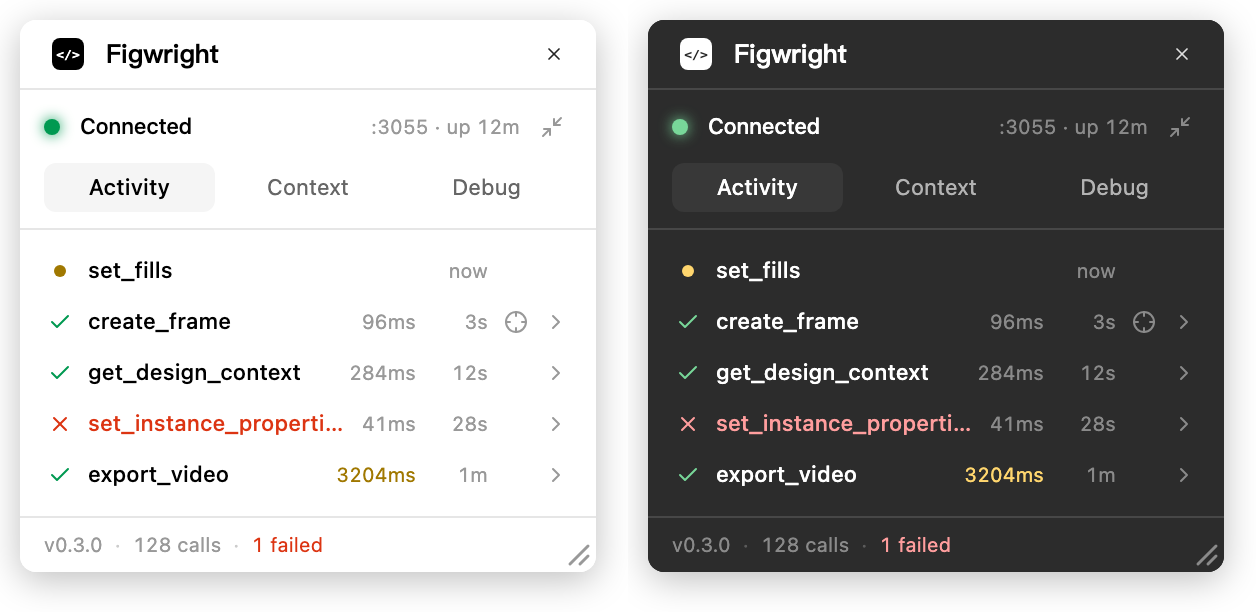 The same panel side by side in Figma's light and dark themes