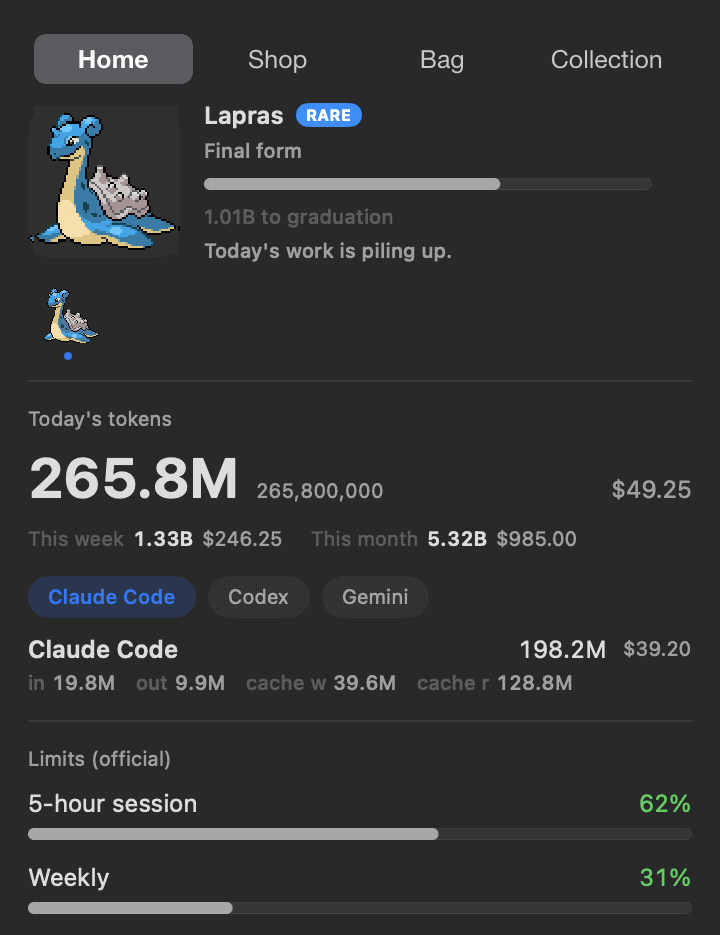 Popover home — companion, today's tokens, official limits