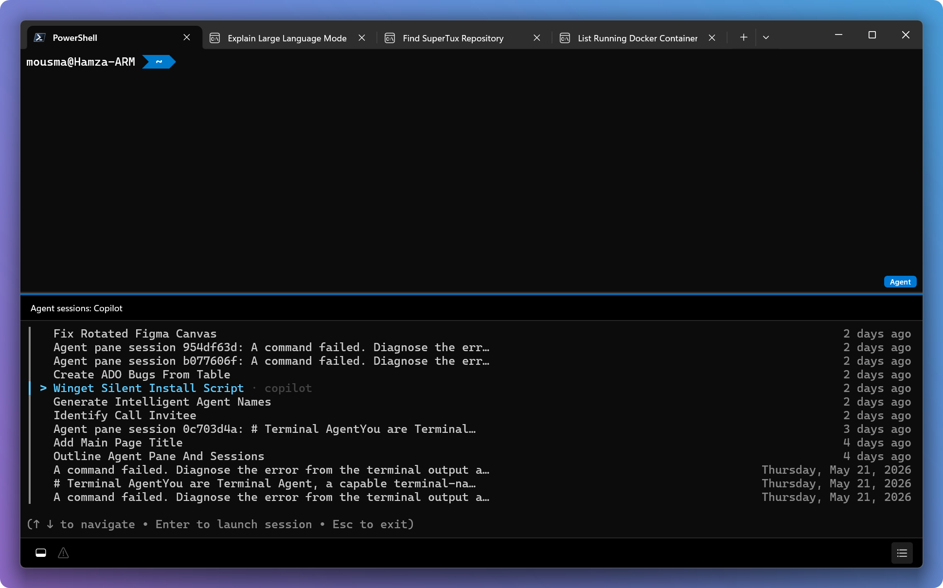 Screenshot of agent management panel showing active agents and past sessions
