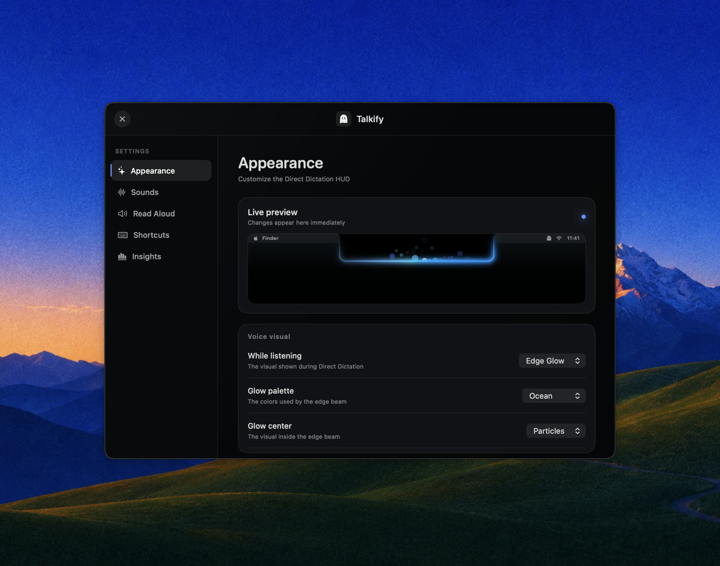 Settings — Appearance, with a live HUD preview