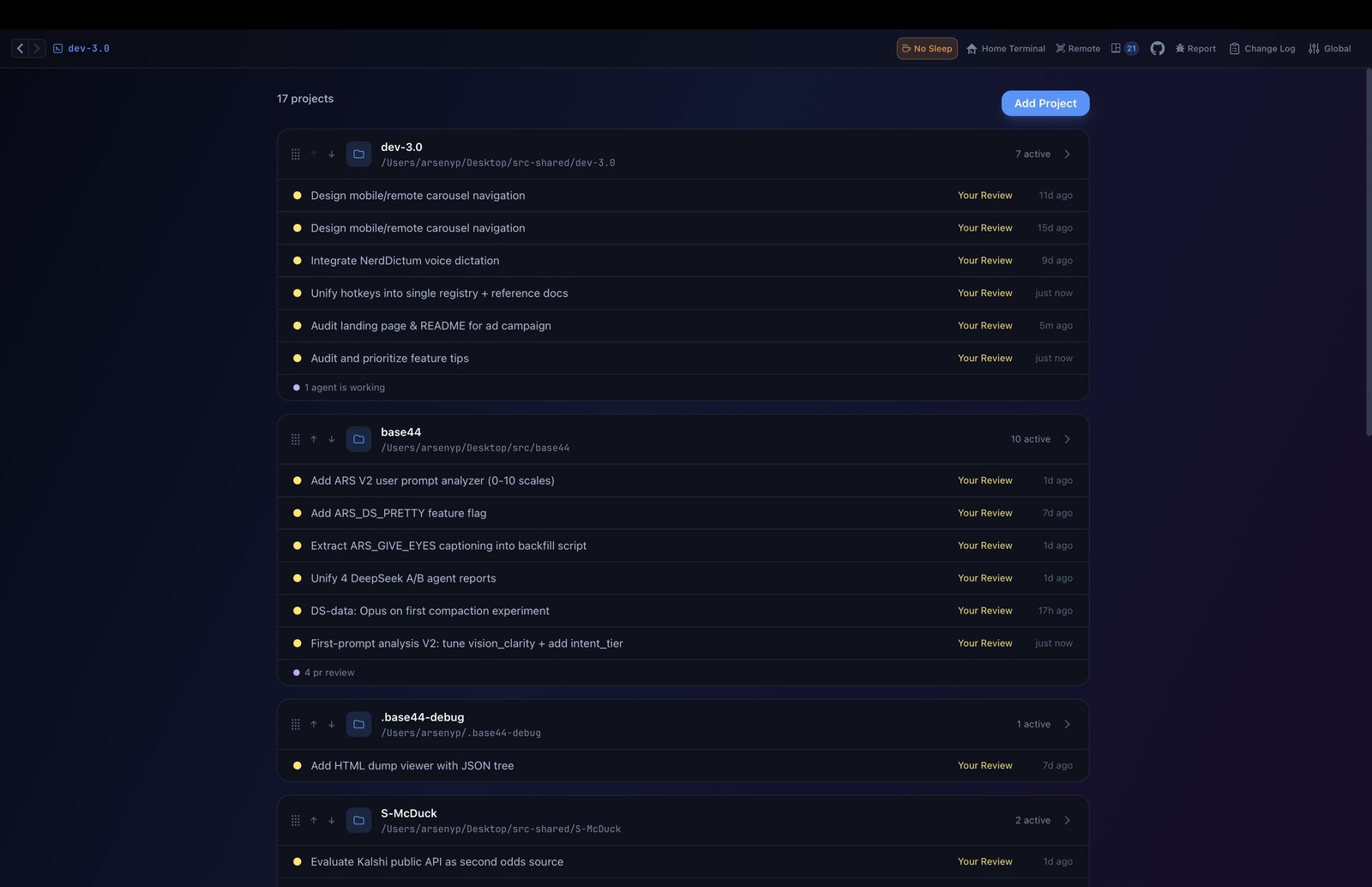 Multi-project activity dashboard with live agent status per project