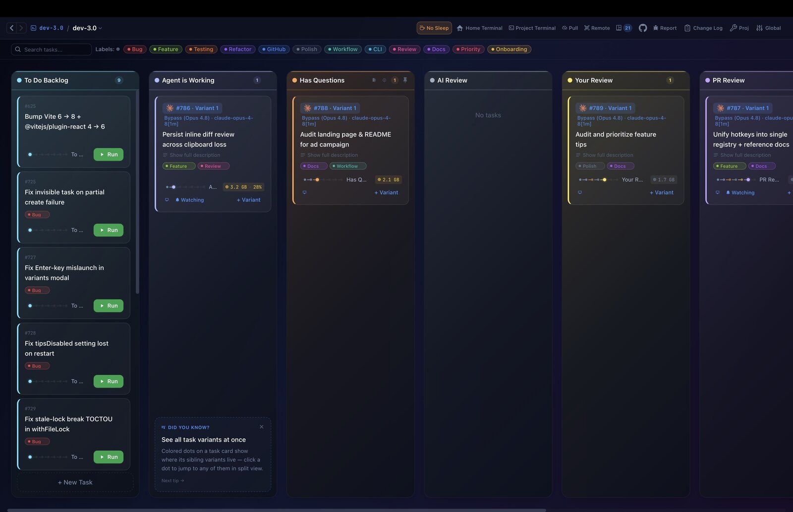 The dev-3.0 Kanban board — tasks moving across To Do, Agent is Working, Has Questions, AI Review, Your Review and PR Review