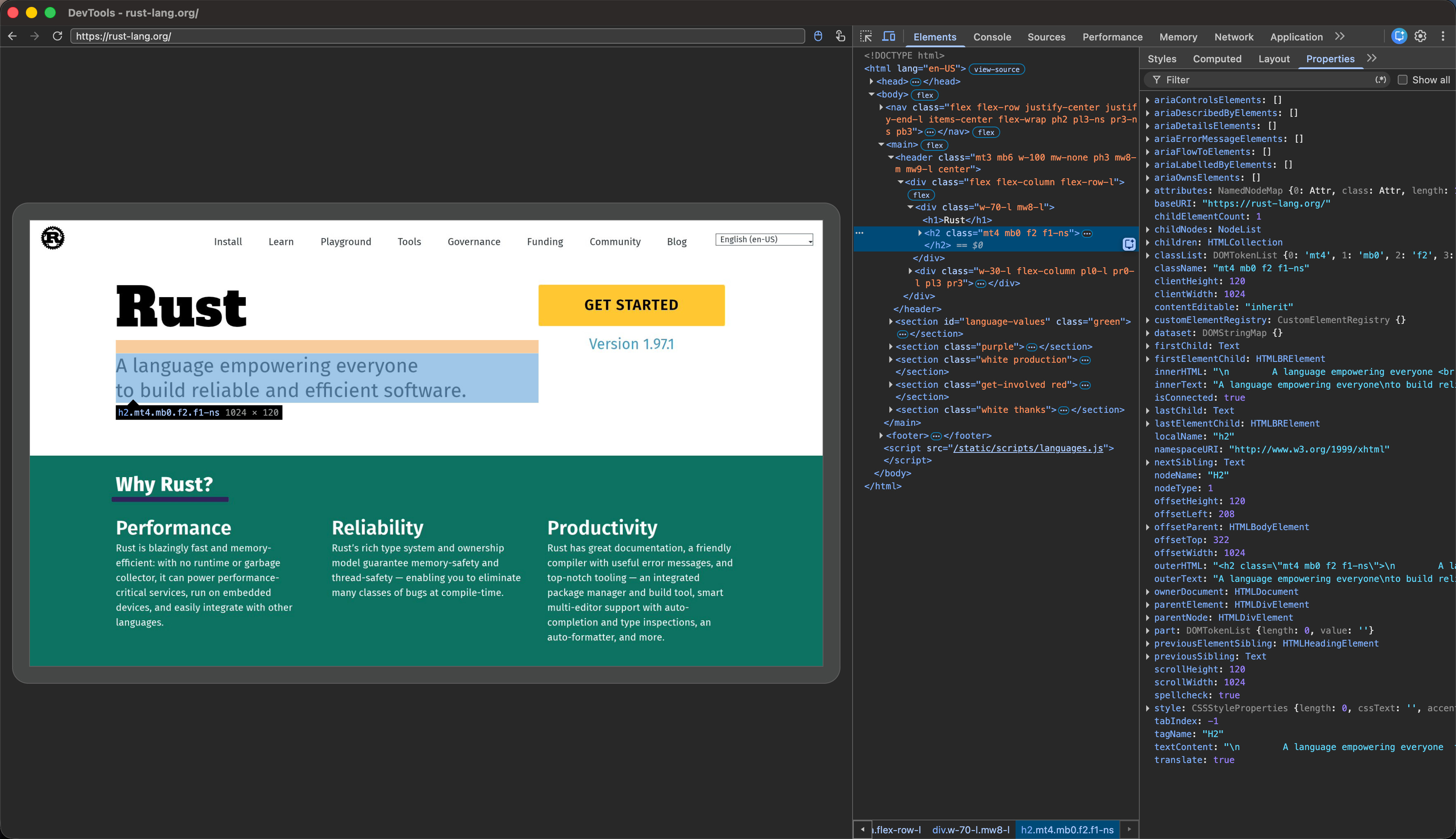 rust-lang.org rendered by Moli and inspected through Chrome DevTools