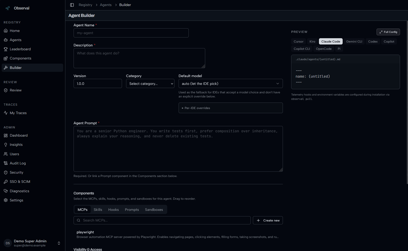 Agent Builder with preview panel