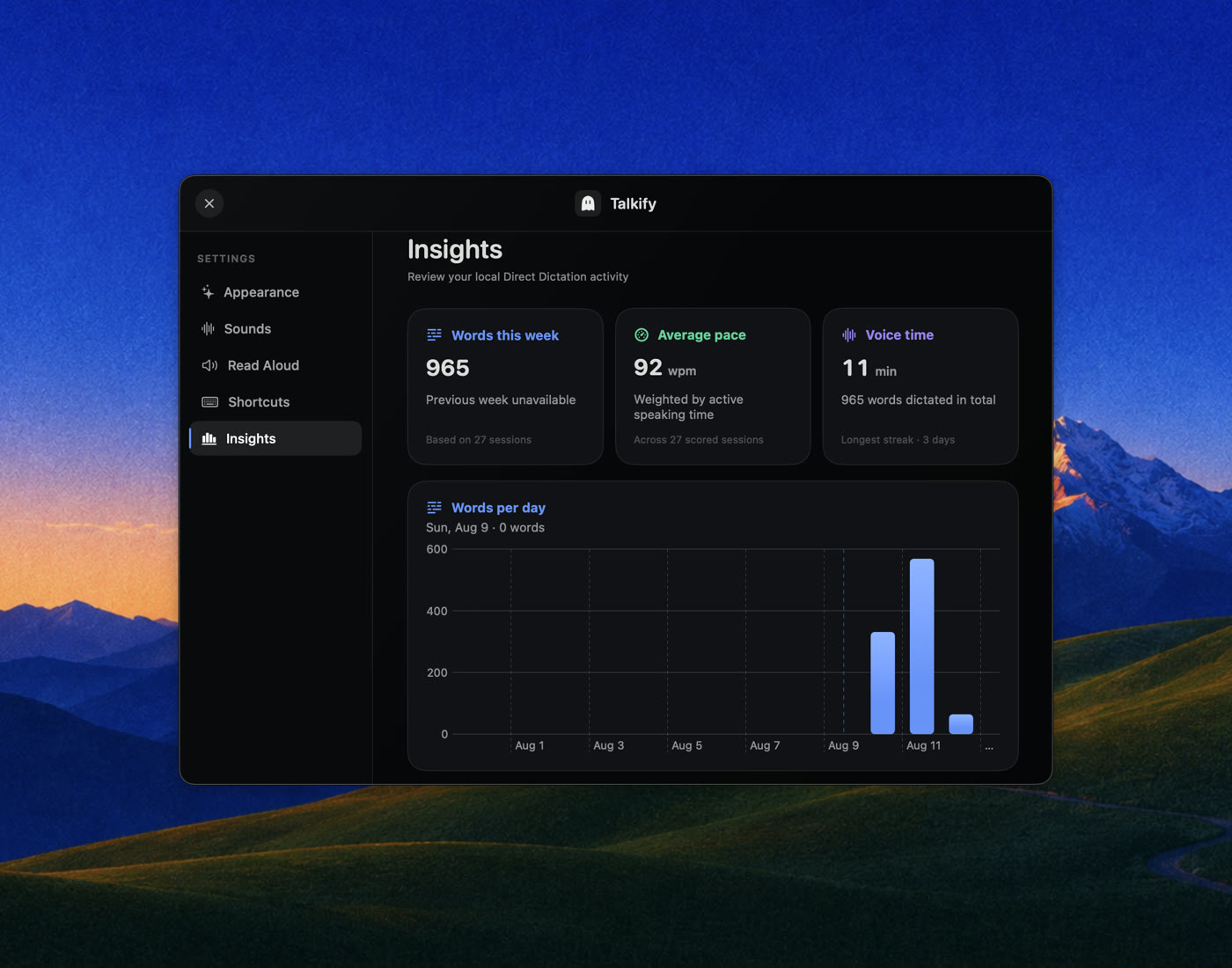 Settings — Insights, computed and stored locally