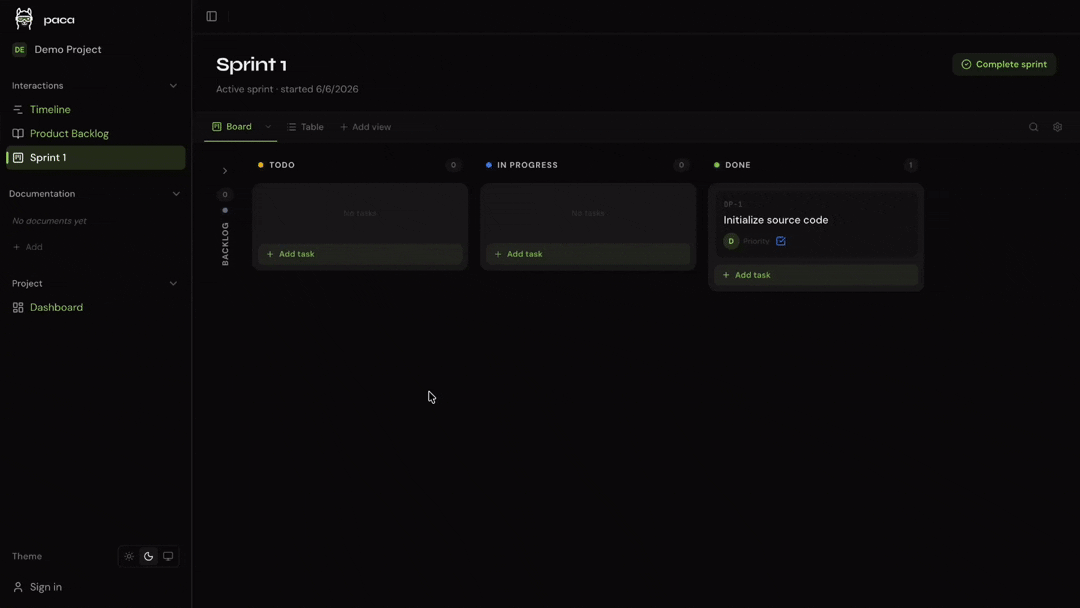 Paca Demo — AI Agents as Real Scrum Teammates on the Scrumban Board