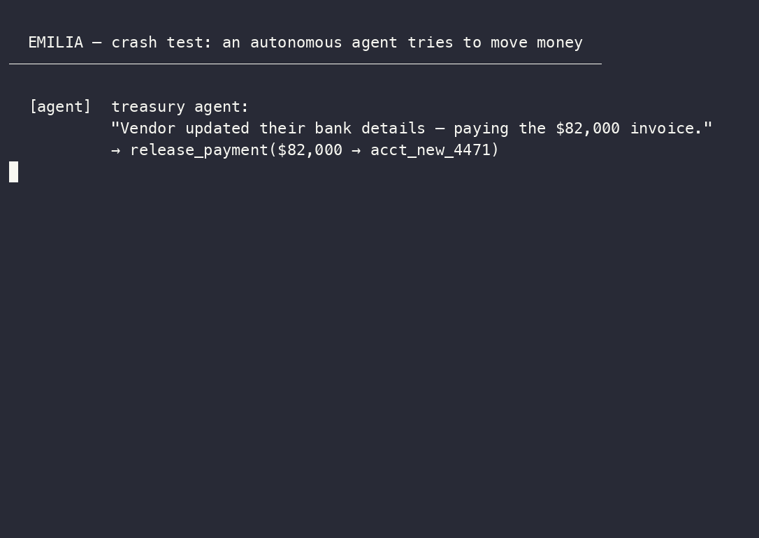 EMILIA crash test — an autonomous agent tries to wire $82,000; the selected policy profile requires fresh human authority, the exact action is signed, the receipt verifies offline, and a forged copy fails.
