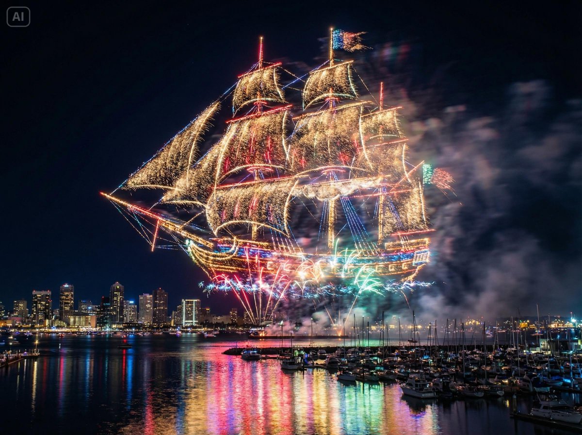 夜空中的水上城市烟花