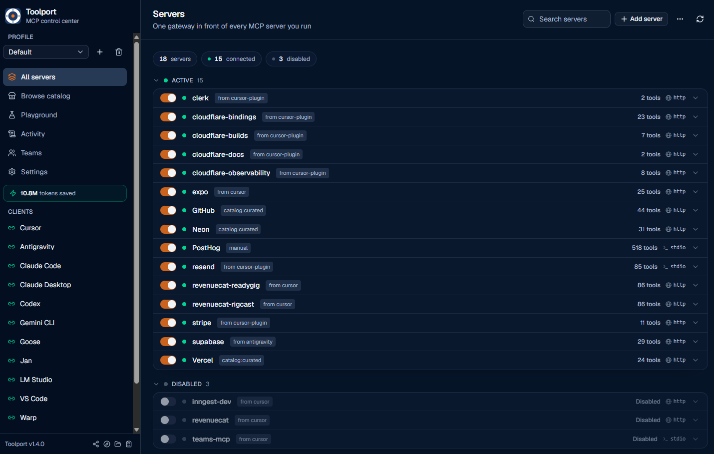 The Toolport desktop app: your MCP servers managed in one place with per-server tool counts, and every AI client wired in with one click