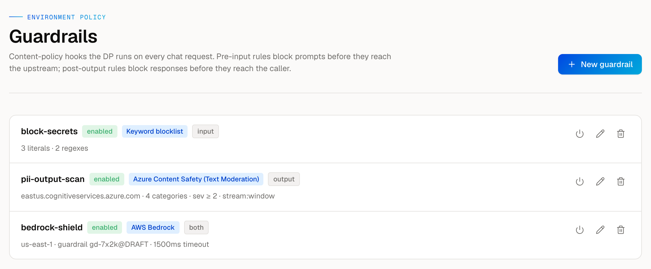 AISIX Cloud guardrails — pre-input and post-output content policies (keyword blocklist, Azure Content Safety, AWS Bedrock) that block on violation