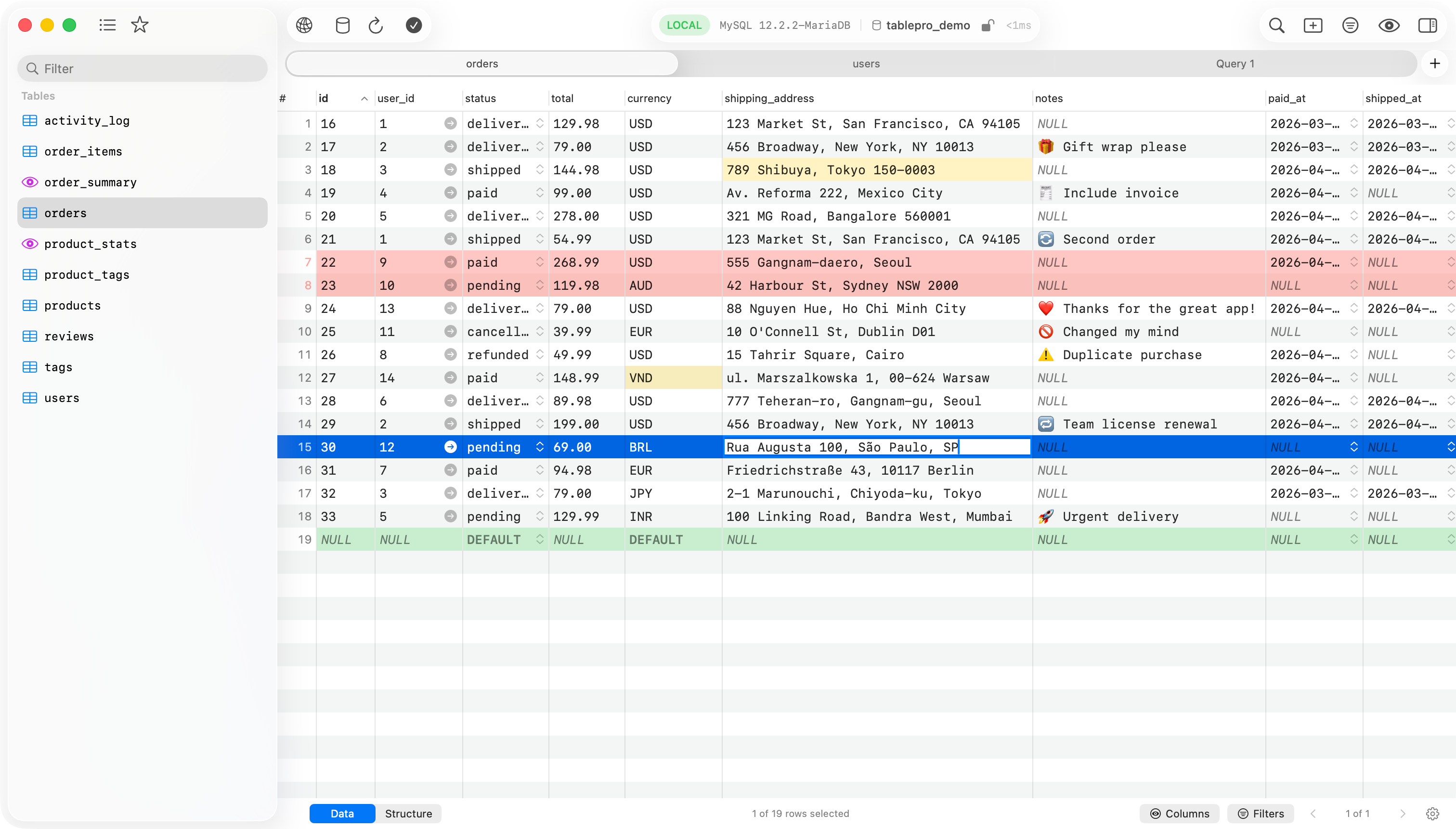 TablePro database client with SQL editor and data grid