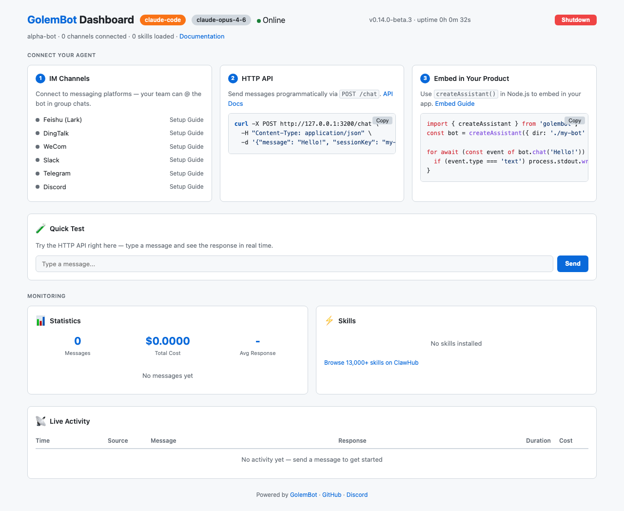 GolemBot Dashboard
