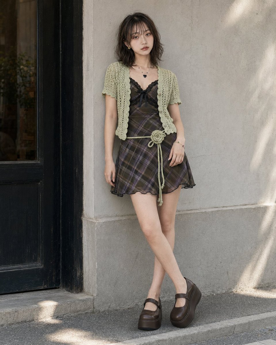 E-commerce Main Image - Pistachio Crochet Cardigan and Plaid Mini Dress - Image 2