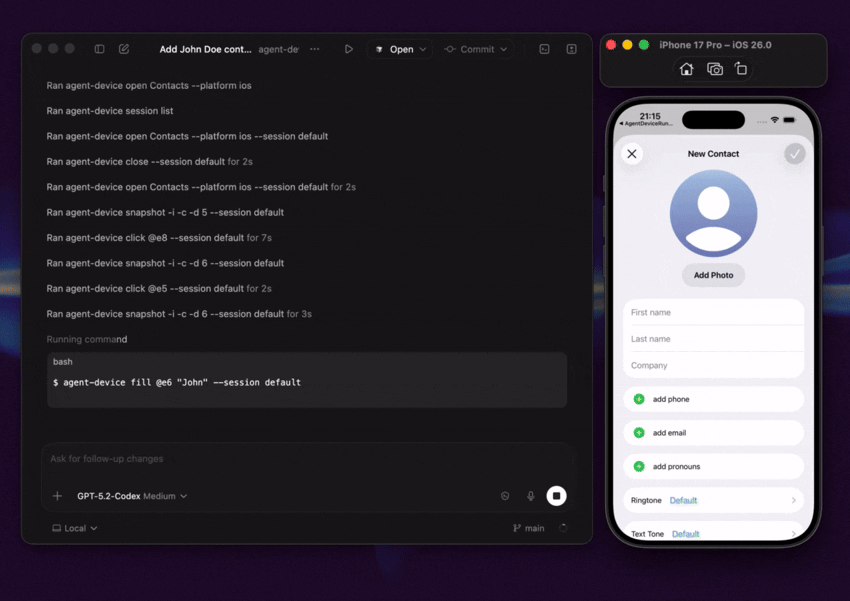 agent-device demo showing Codex using agent-device to create a new contact in the iOS Contacts app from a simple prompt