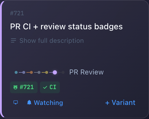 Task card showing a PR number badge and a green CI badge