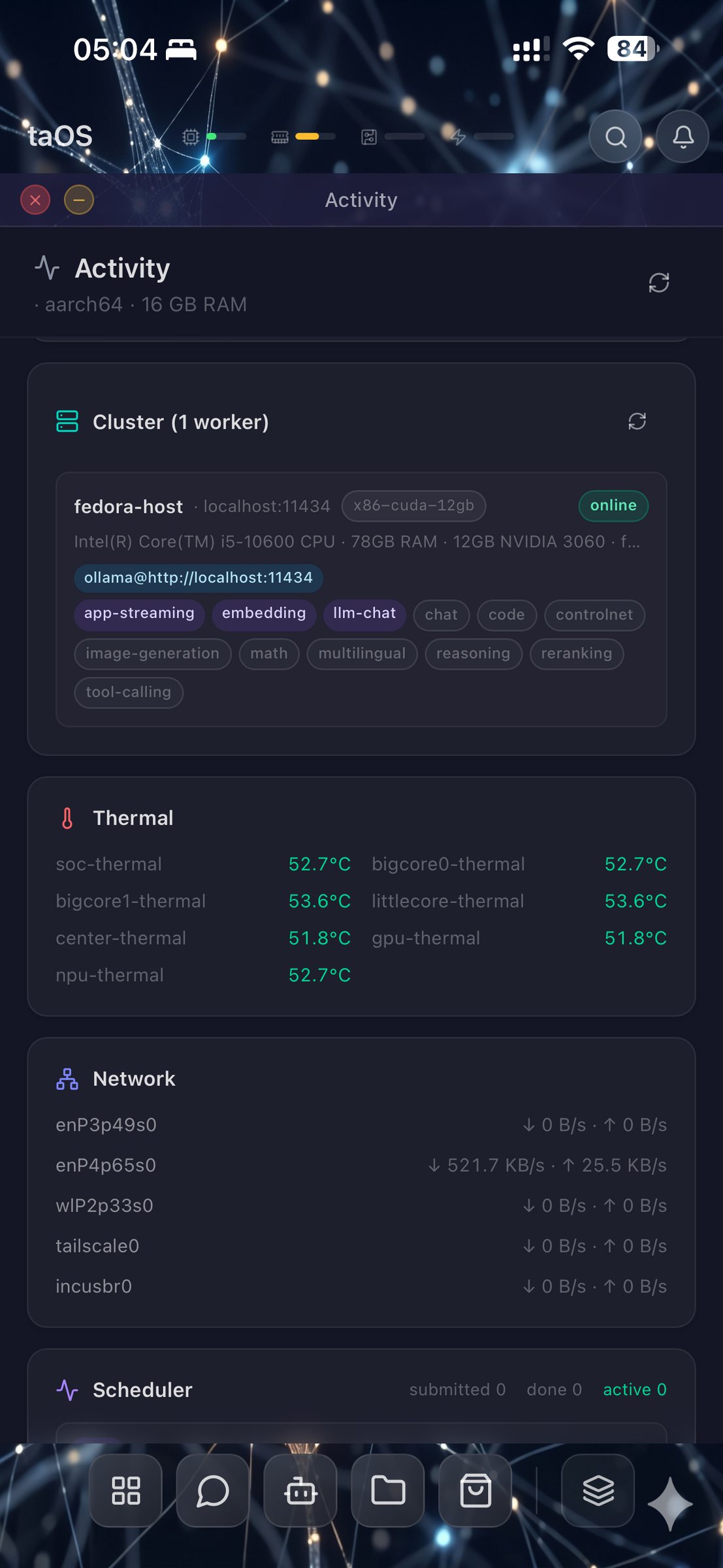 Mobile cluster view -- worker hardware, thermals, network