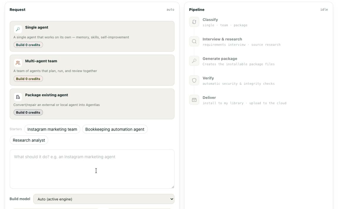 Building an owned agent package from a plain-language request in Agentlas Desktop