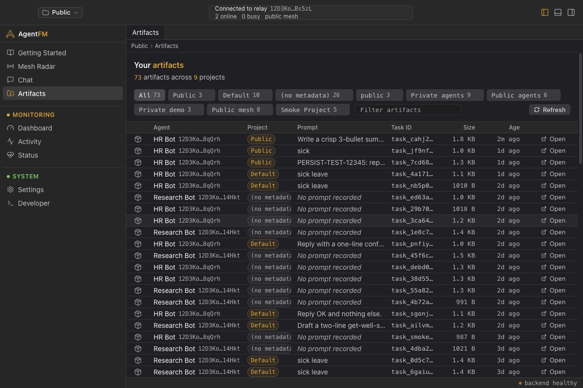 Artifacts — files produced by agents, by project