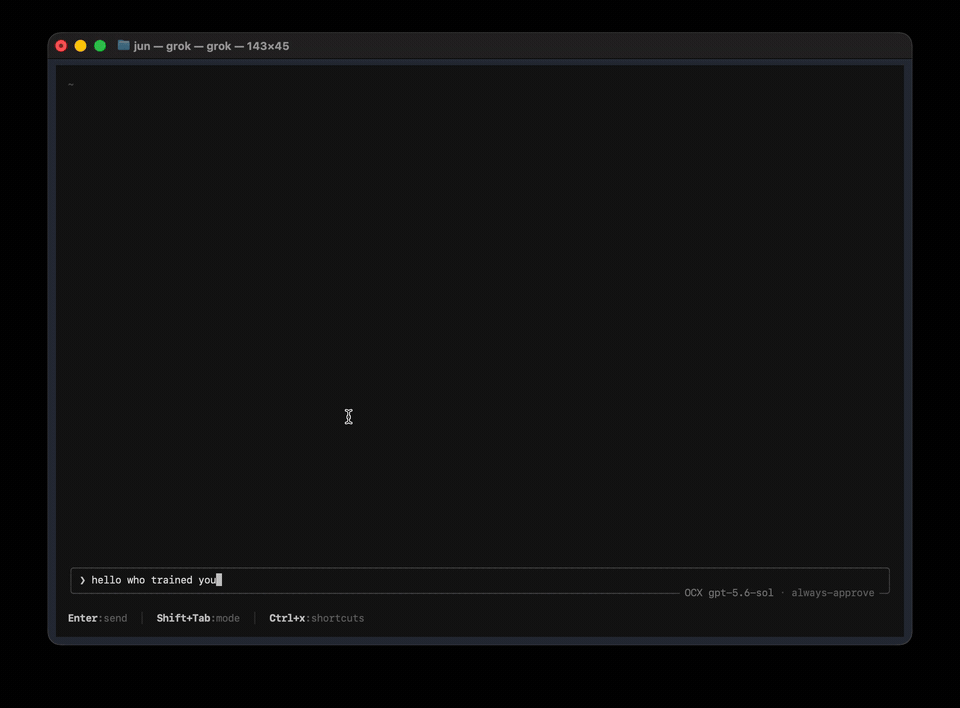Grok Build running GPT-5.6 Sol through opencodex and calling a Kimi K3 subagent