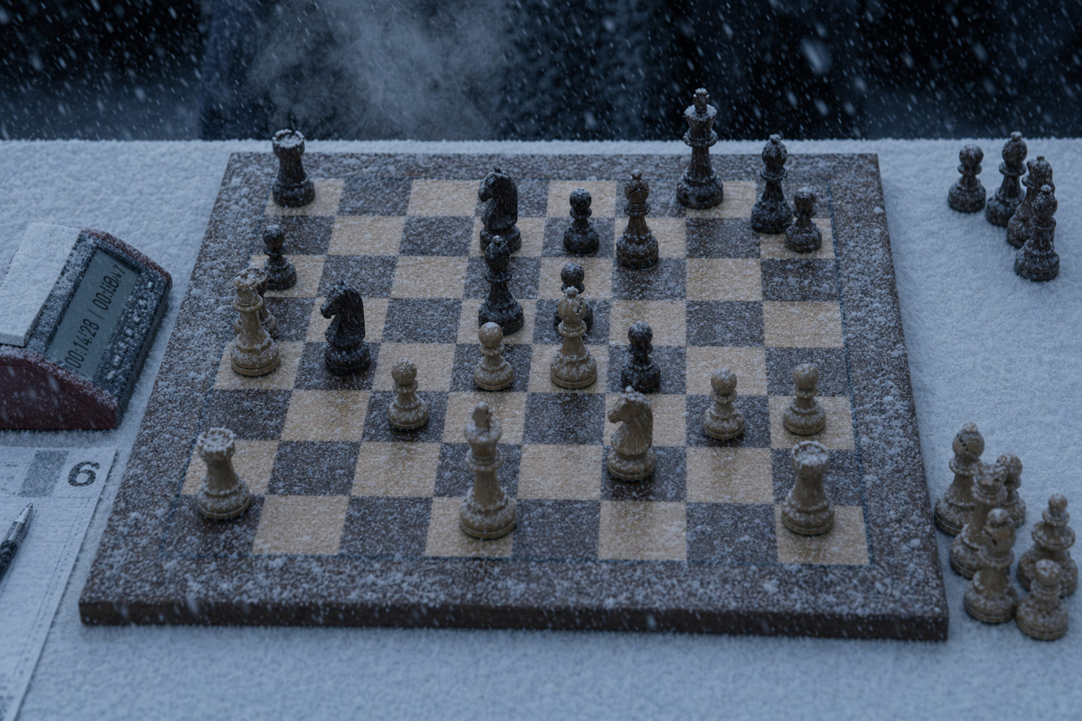 Chess mid-game restyled as winter scene