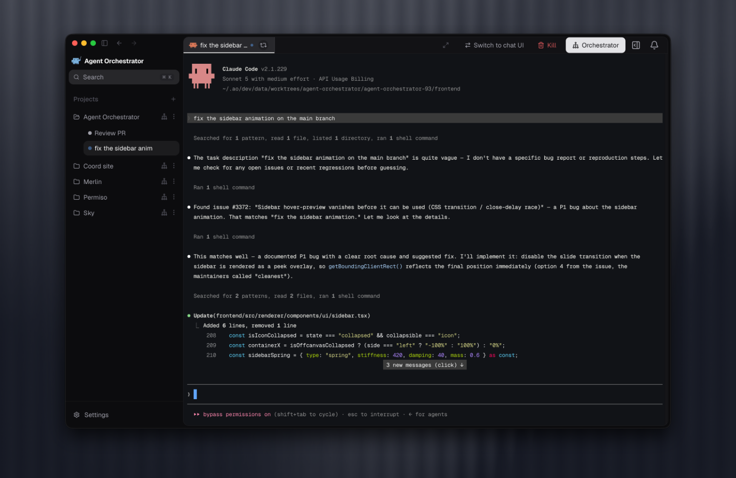 Agent Orchestrator workspace showing a coding agent's native terminal UI