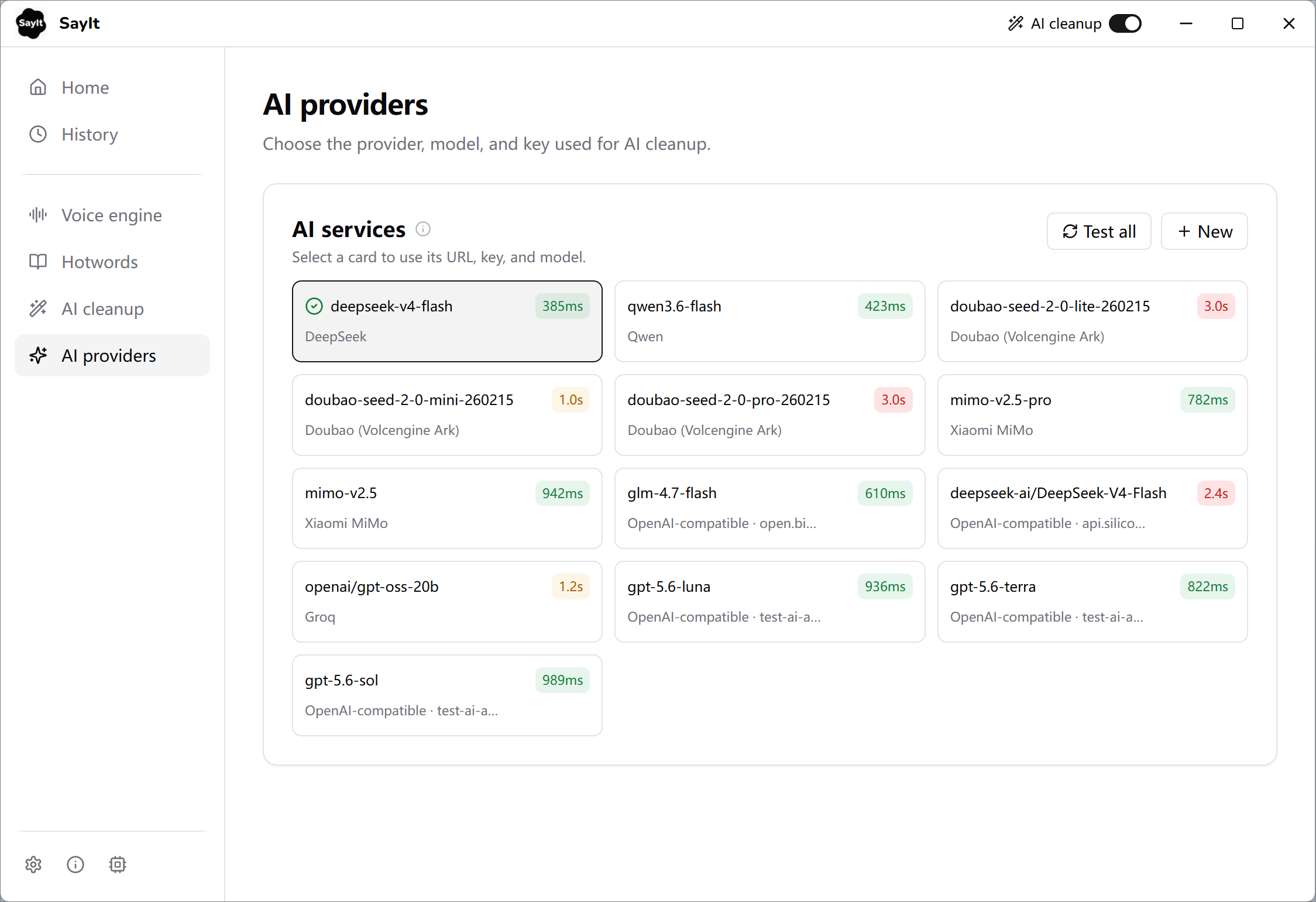 AI providers grid with measured response times on each model card