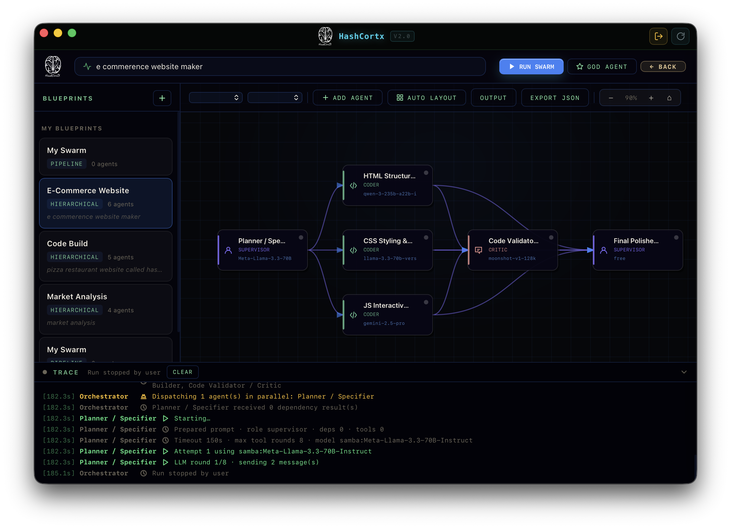 Agent Swarm blueprint canvas with a live orchestrator trace