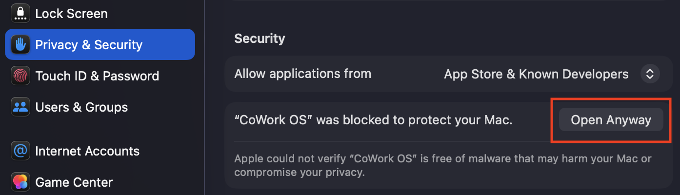 macOS Privacy and Security settings with the CoWork OS Open Anyway button highlighted