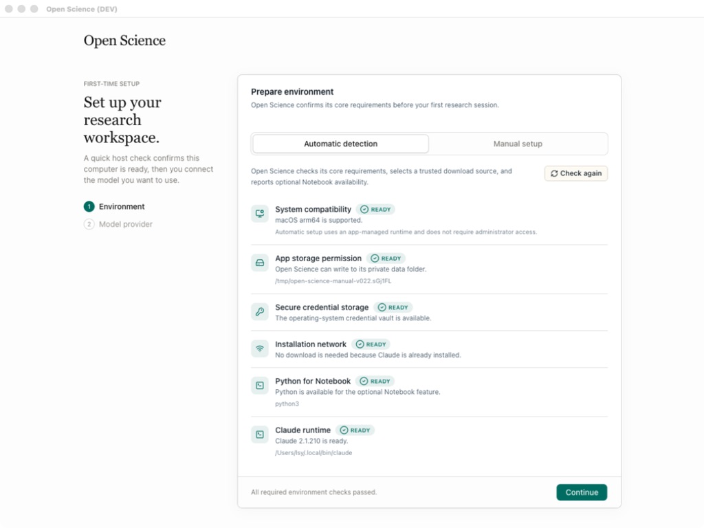 Automatic first-run environment checks in Open Science