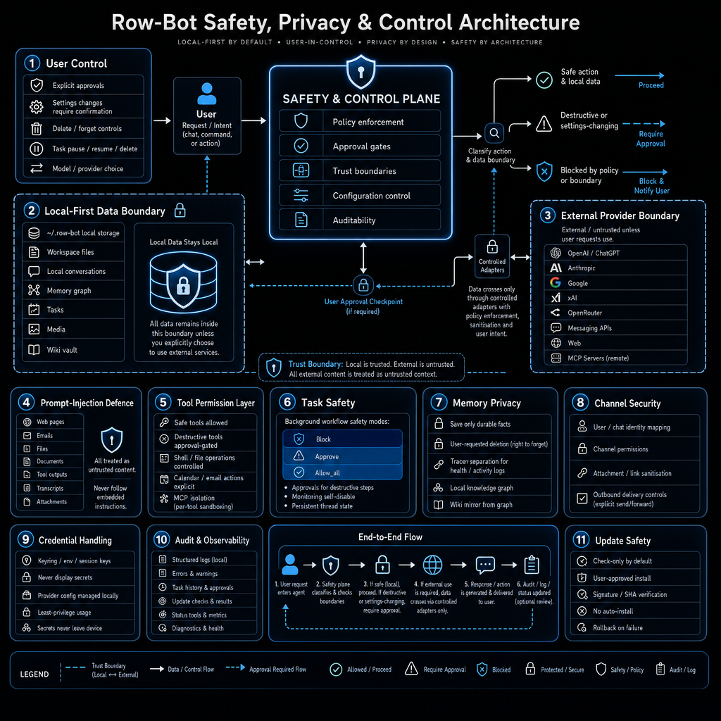Row-Bot safety privacy and control architecture