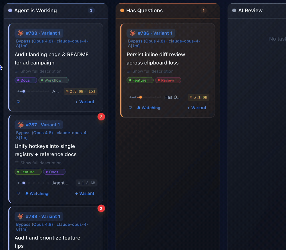 Hovering a Kanban card shows a live preview of the agent's terminal