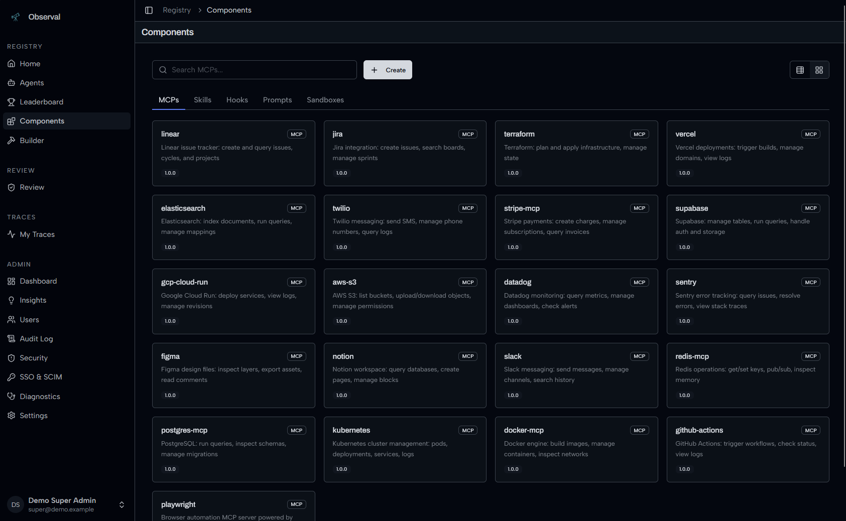 Component registry showing MCP servers