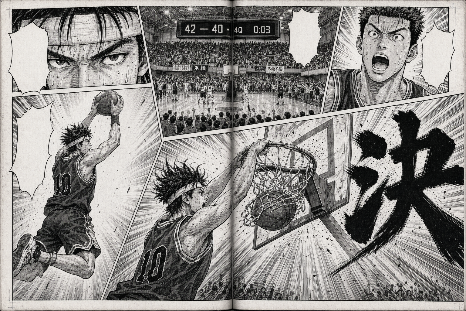Shōnen manga two-page spread (basketball slam dunk)